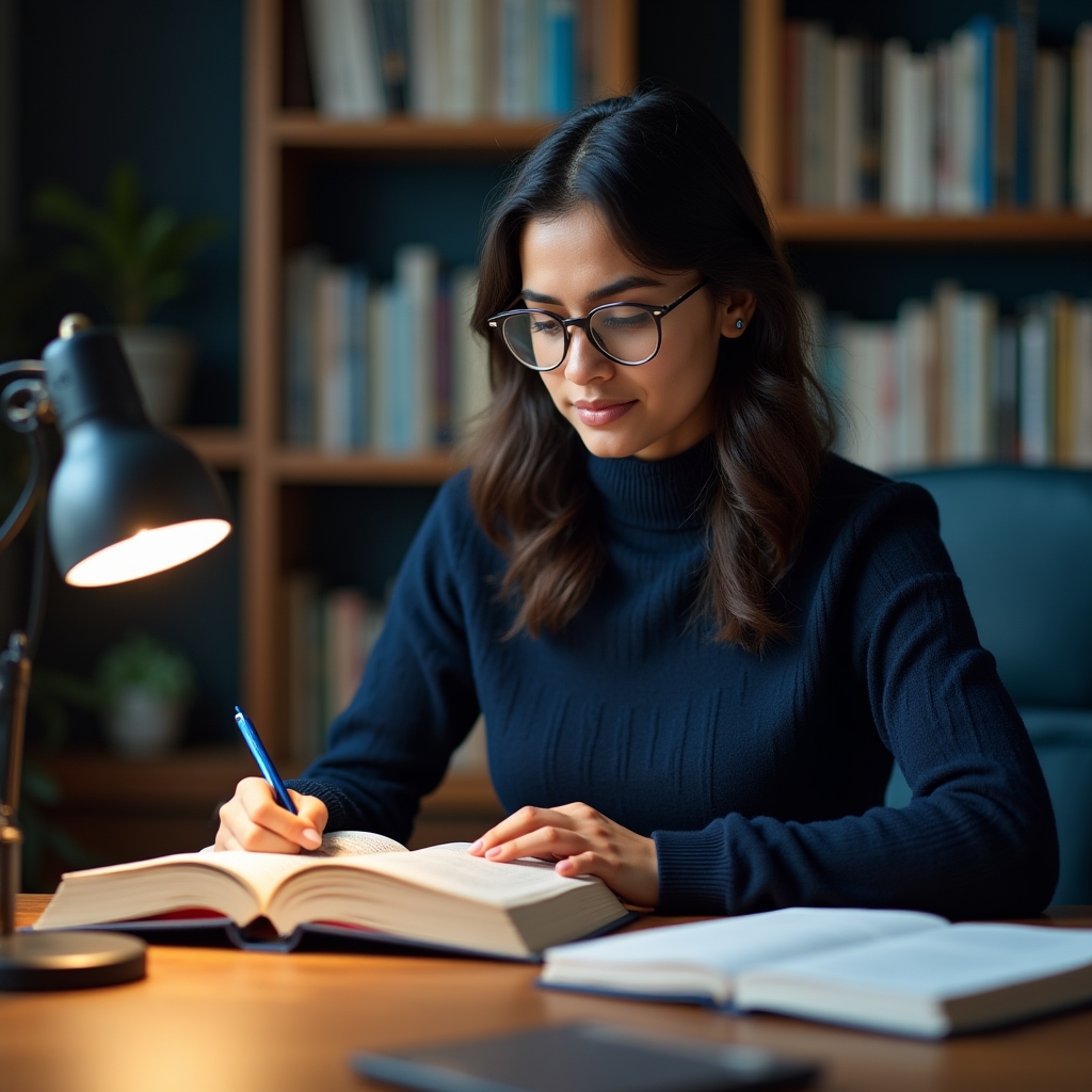 Schreibtisch mit Finanzliteratur und Notizbuch