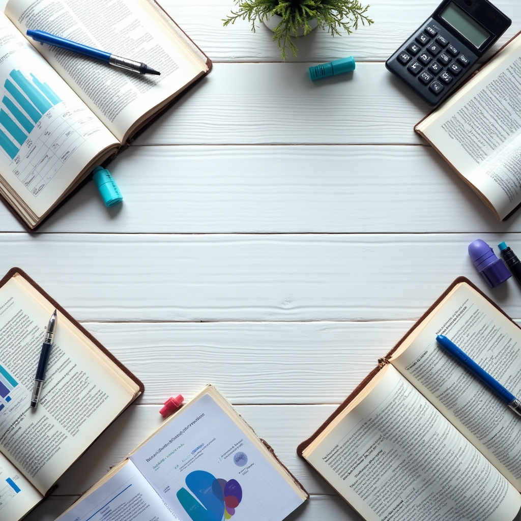 Übersicht von Finanzlernmaterialien auf einem Schreibtisch von oben