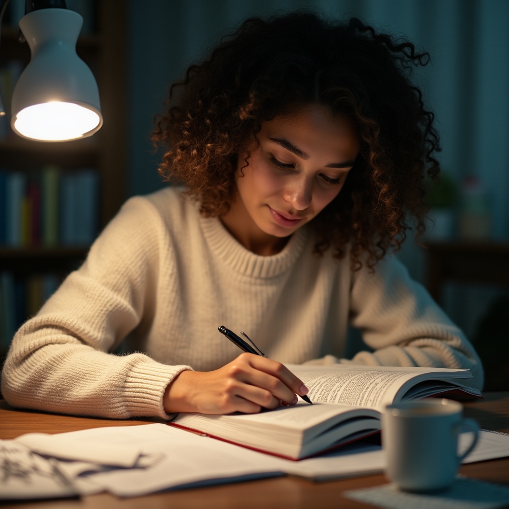 Person liest konzentriert Finanzartikel am Schreibtisch